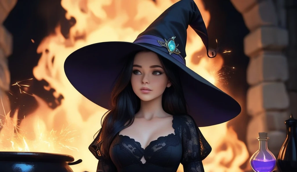 high resolution, 4k, 1 women, dark lips, black short hair, witch, big breast, revealing clothes, royal costume, noble, silver earrings, silver necklace, night, hourglass figure, confident --auto --s2
