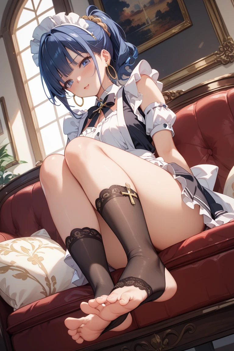 Young beautiful woman,(Highest quality,Extremely detailed depiction,Incredibly absurd high resolution,Anatomically accurate depiction,Curvy Legs,Shiny skin,Porcelain-like skin),(Black and white gothic maid outfit,Maid Skirt,corset,black tights,High heels),eyelash,(Silver Hair,Black Eyes,Crazy Eyes,Eyes half closed:1.5,Boring look,Large Breasts,Glossy black lips:1.1,makeup,Purse your lips,Condescending Gaze,sitting on the sofa with one's knees up),Sweat:0.8,(whole body),background:Night room,Purple light,From below:1.5