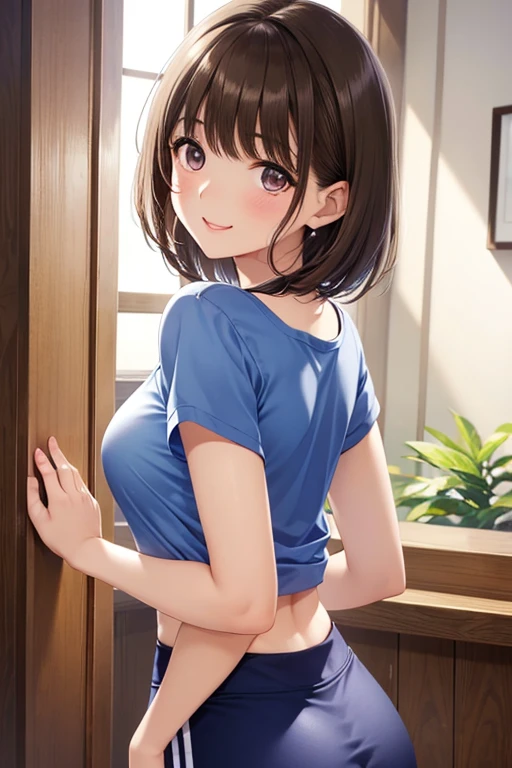 (best quality), 1girl and 1boy, (kabedon pov:1.3), ultra-detailed, illustration, masterpiece, aichan, beautiful detailed eyes, short brown hair, side braid, blush, large breasts, school, glossy lips, lips parted, collarbone, cheerleader, midriff