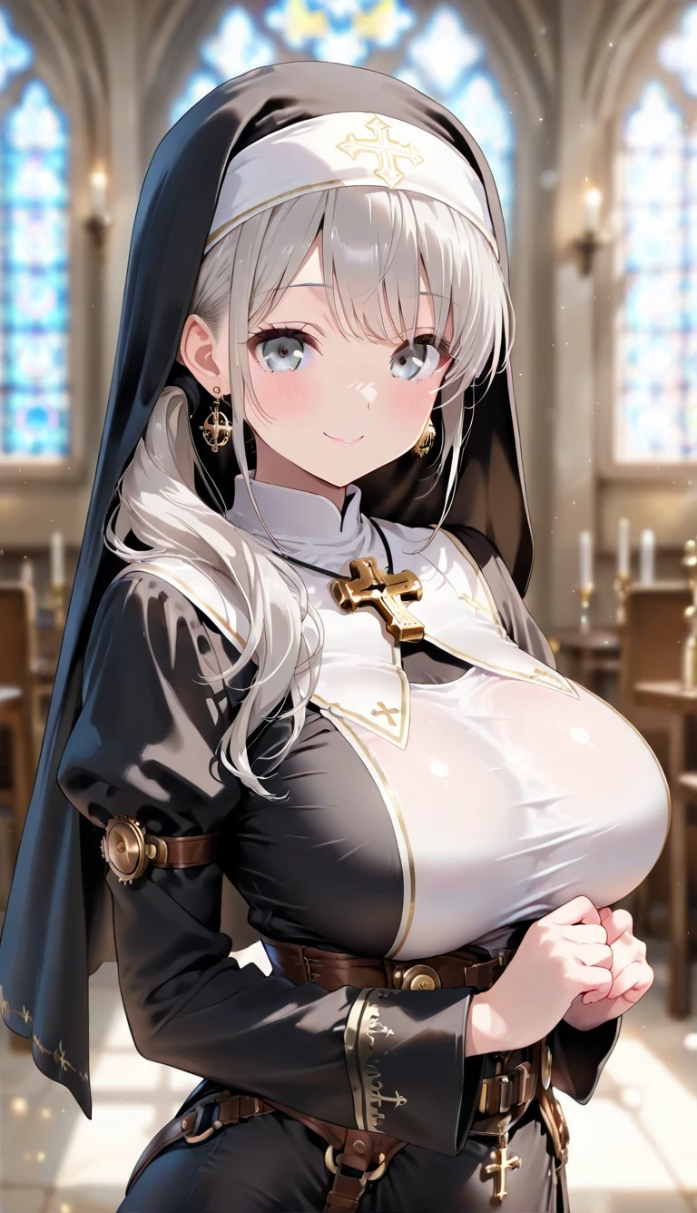 Priestess ((A girl with male genitalia instead of female genitalia)) Huge and thick cock Embarrassed face Black clothes church Big Breasts Only the lower body clothes are missing Crying (torn clothes) A thick is coming out of his dick. (((Missing eye))) Inserting a penis into the missing eye