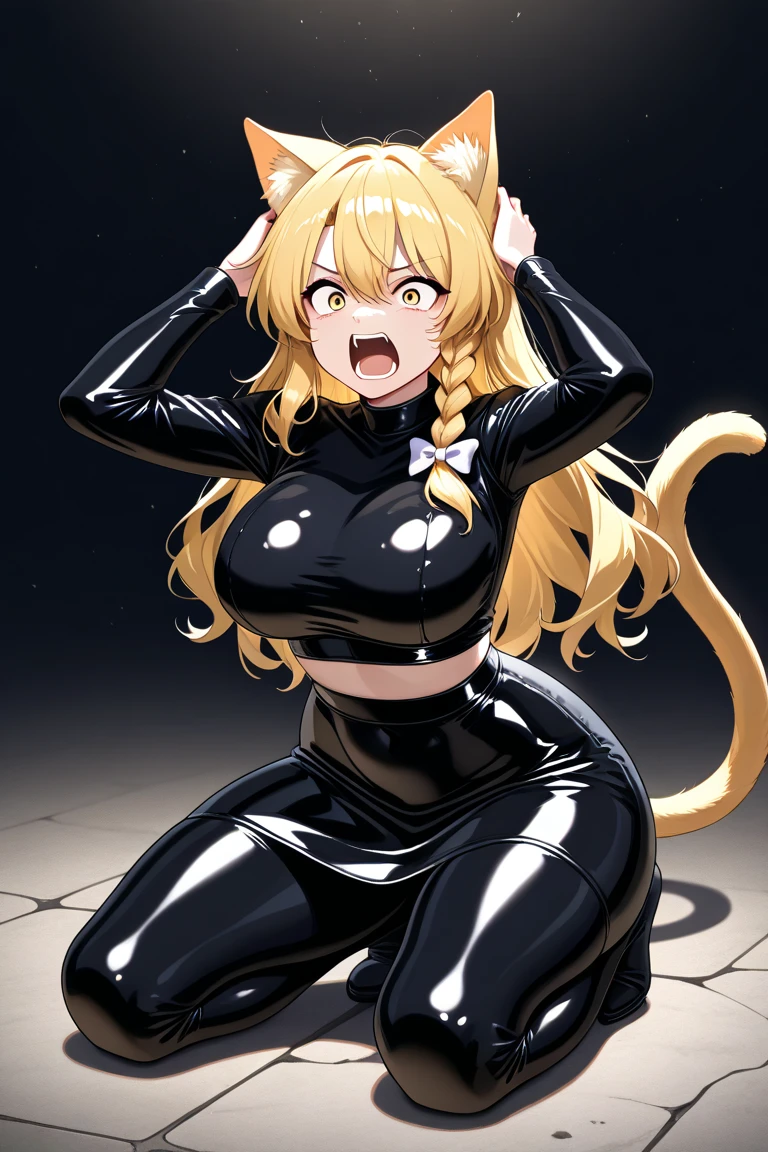 kirisame marisa, blonde hair, yellow eyes, cat ears, cat tail, long tight latex skirt, single braid, large breasts, black tight latex croptop, latex stocking, long sleeve, wide thighs, full body. she holds her head, screaming, shock, kneel on ground