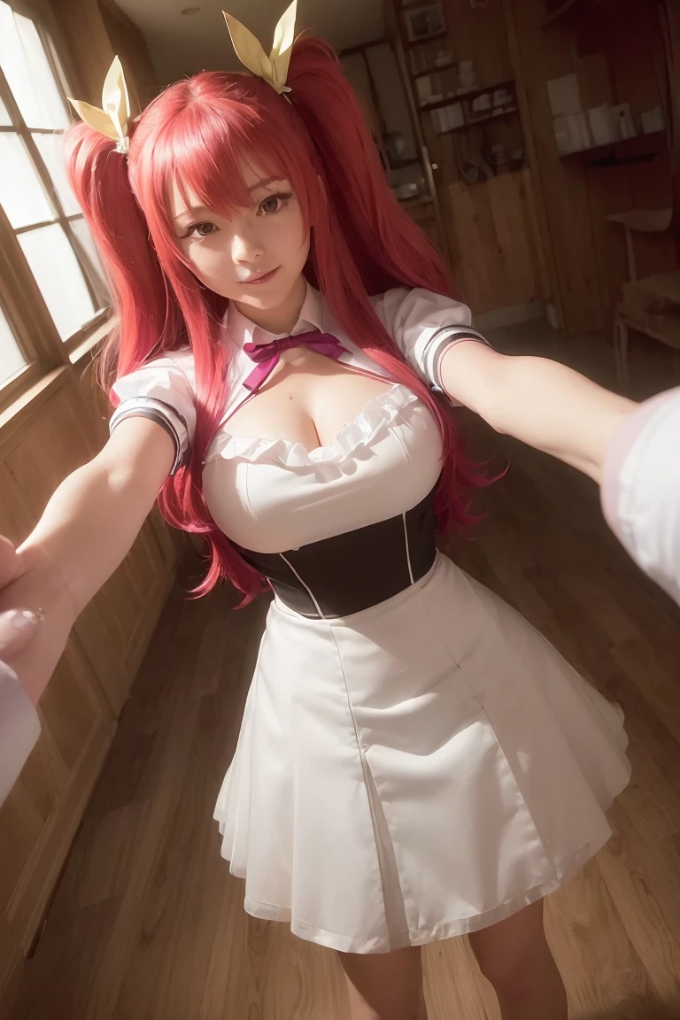 pink hair,long hair,wave hair,curly hair,large breasts,sexy pose,cosplay,maid uniform,panties,smiling,seductive smile, beautiful woman, masterpiece, extremely fine and beautiful, garter belt,(((lift up skirt))),((from below)),spread legs,maid apron