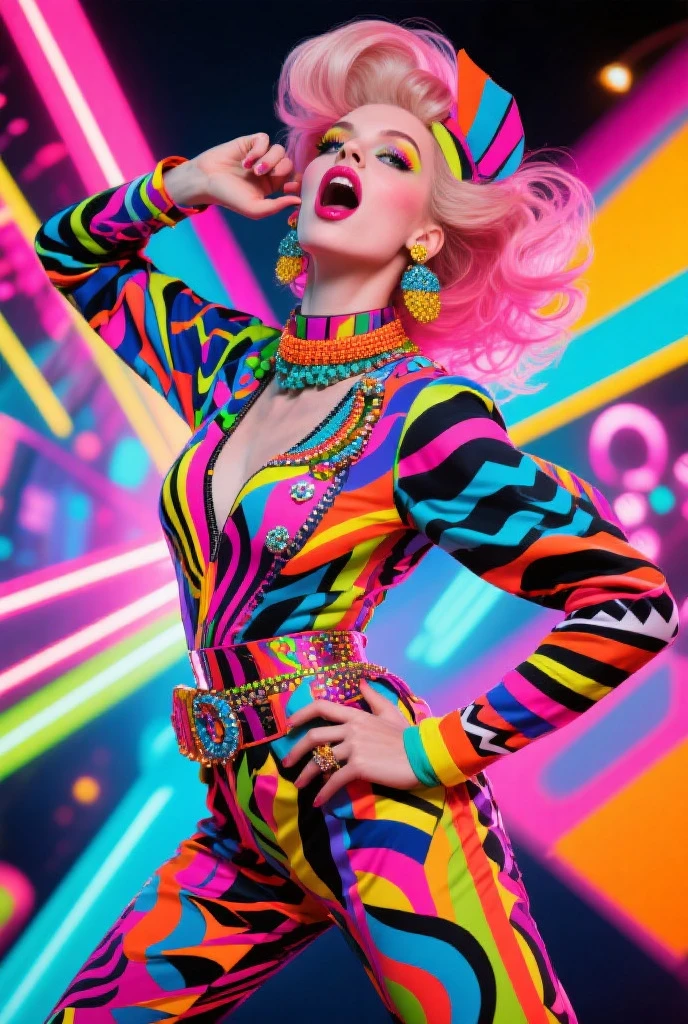 Lady Gaga Photo, 4K Texture, Bright Yellow & Bright Blue Two Piece Dress,Neon,Flamboyant White Hair, 8k Picture, Haute Couture, Flashes, High Image Quality,Neon Dress, Realistic Face, Various Body Poses, Full Body, 8k Image, Sharp Image,HD