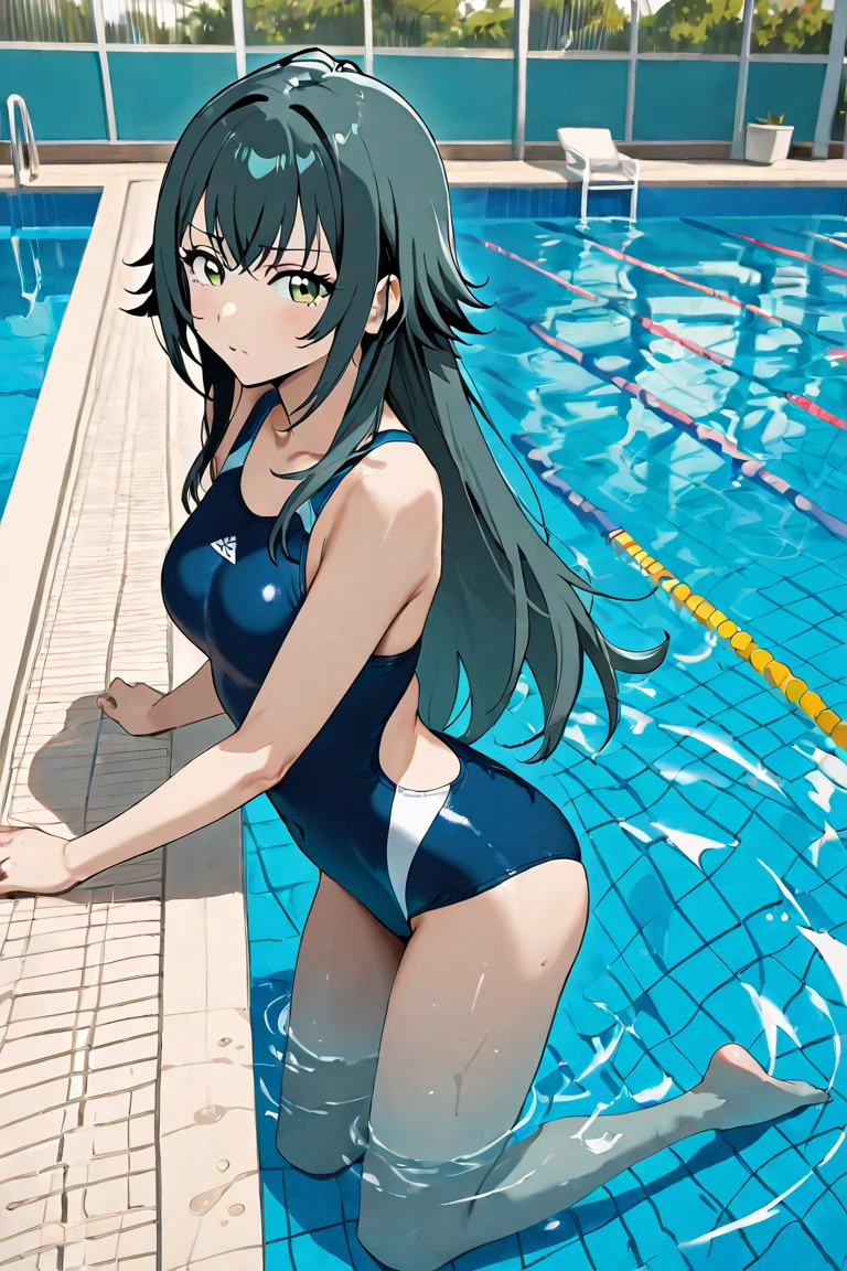 (Semi-long hair)、Navy blue competitive swimwear、(Highest quality:1.3)、One girl、(((Semi-long hair)))、Cowboy Shot、At the school pool、Naked butt、Big Ass、Sweat、masterpiece, Highest quality, High resolution, 超High resolution, RTTX 10.0, Pixel perfect, Written boundary depth, 4K, Very detailed、Embarrassed expression、Browsing Caution、Open navy blue swimsuit、
