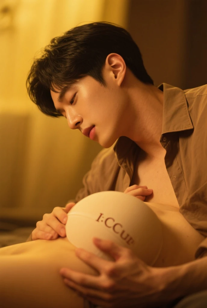 portrait of a Asian man ideal body,with thin hair . just wearing sarong batik bulge dick. was sleeping on House Terrace using a pillow while holding a baby milk bottle. the background of the night bulan purnama bersinar terang indah