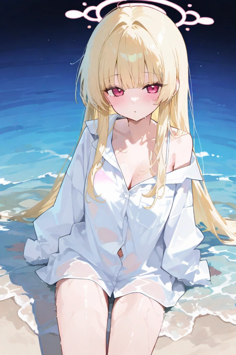 masterpiece, best quality, highres, kitagawa marin, 1girl, blonde hair, long hair, swept bangs, gradient hair, red eyes, jewelry, earrings, piercing, white blouse, black choker, glossy lips, parted lips, standing, (quicksand:1.3), tears, crying, beach