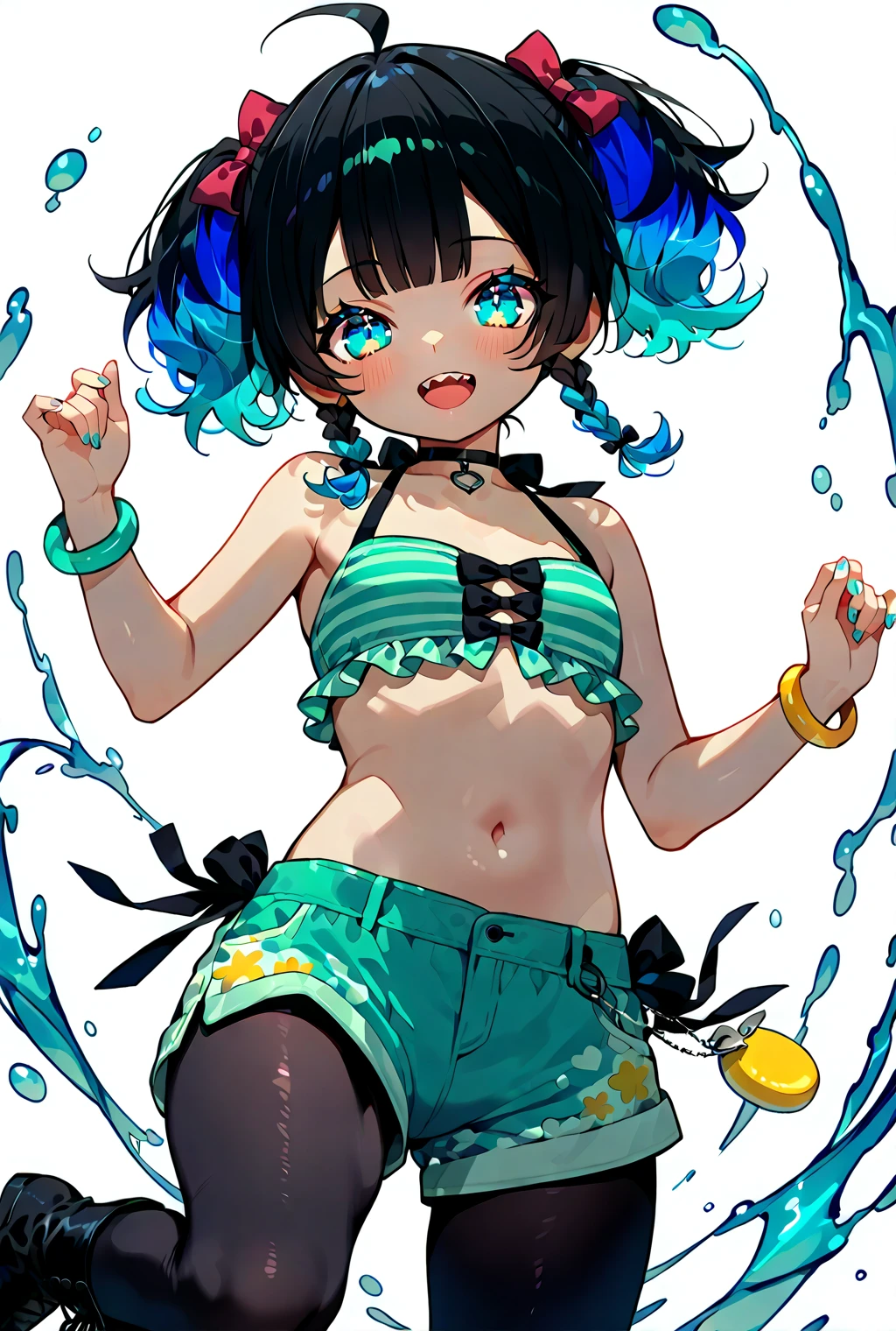 1 girl, in a black tight dress, fishnet stockings (nsfw:0.55), ((flat chested, flat stomach, baby face)), (intense colors) baby blue hair, yellow eyesOpen Mouth, Bangs, 