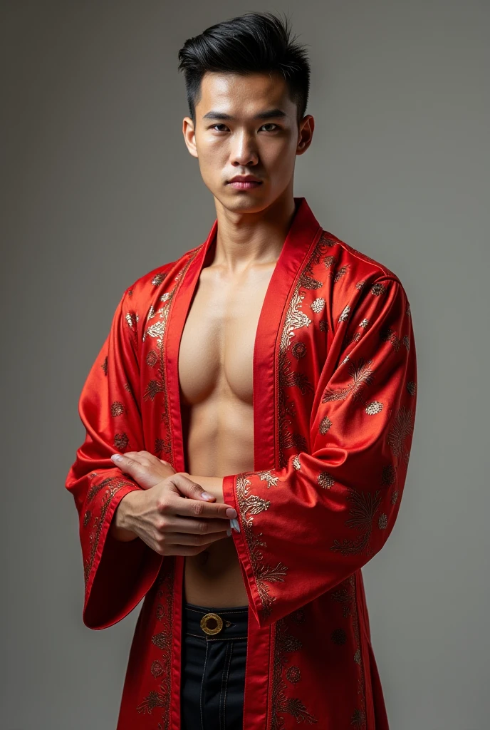 Asian man, thin nose, thin lips, brown eyes, black hair, black deer horn on his head, jock putfit, young handsome face, best quality,masterpiece,Ultra high detail,A handsome muscular man, deer horn on his head, topless, black micro thong, with black cloth, black transparent cloth on his deer horn, realistic,Grey background,