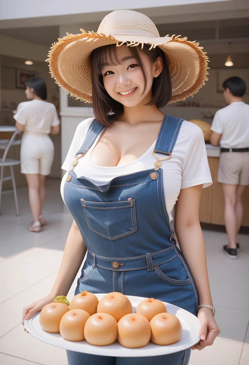 Realistic, masterpiece, Highest quality, (Fine grain), One high school girl, Huge breasts, Sweat, night, Outdoor, Bustling restaurant, Micro bikini in, Micro bikini with only strings, Wet Face, Wet body, ponytail, Earrings,  White apron,  Puff short sleeves, Between the breasts, Small tray, Mole on chest, Center opening,  bow tie, Pelvic Curtain, (Wide Hips), (Grin :1.1)
