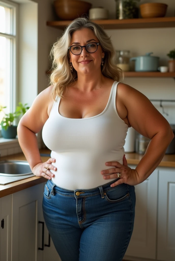 Reminiscent of Evan Rachel Wood, chef mommy, a sixty-year-old woman, full figured, with a tall and hefty build, large breasts, a black bun for hair, the ideal amount of chubbiness, and squinting, wearing a short naked cooking apron, she is a master of quality, naughty chef, Working in the kitchen, wearing a naked apron, full body portrait, and the scene is incredibly detailed, busy in cooking, aesthetic,