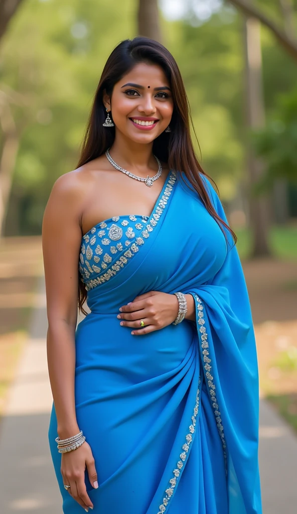 perfect Indian sexy wife with folded transparent blue saree with bra , HDR, 8k, hyper detailed, best quality, ultra-high resolution, HDR, 8k, walking on the lawn , look at viewer, waist level view, bright smile, wearing gold ornaments, casual pose , average body with 36 D size breasts,28 hip size and 36 waist size, Having big breasts, waist level view, show background