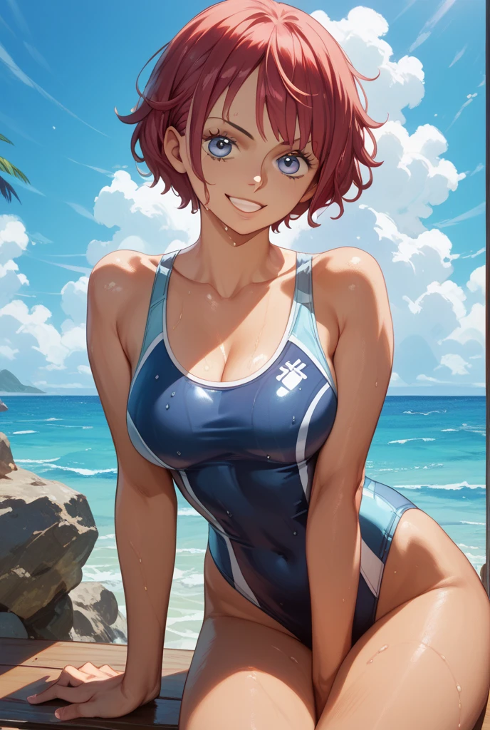 Satori Komeiji is embarrassed as she hides her breasts in a swimsuit