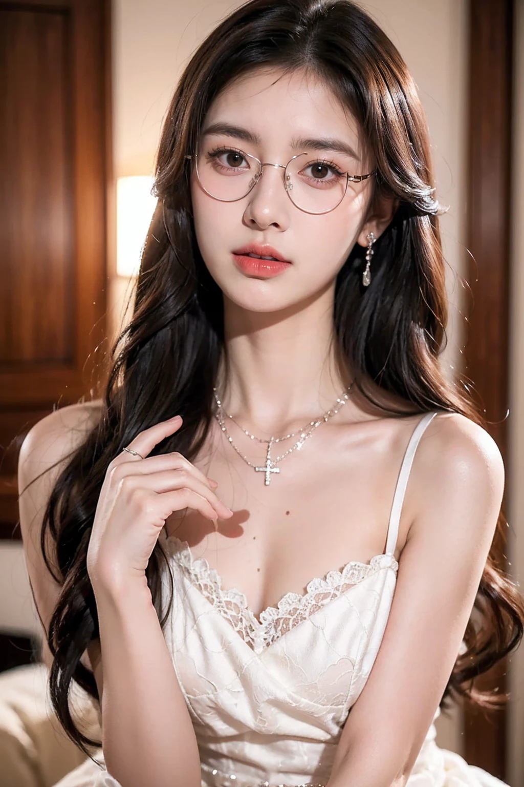 beautiful woman looking down at her phone, closeup side profile of woman's face, woman in black dress with off-the-shoulder sleeves, pearl earrings and necklace, wearing glasses, intense and longing gaze, high-quality realistic portrait photograph, natural skin tones, soft lighting, shallow depth of field, photorealistic, 8k, hyper-detailed, intricate details