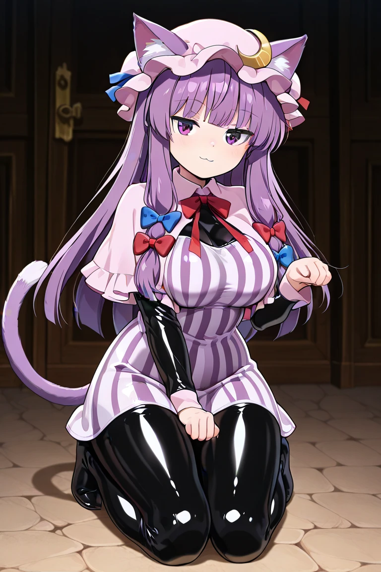 kirisame marisa, pink hair, pink eyes, cat ears, cat tail, long tight latex skirt, single braid, large breasts, black tight latex croptop, latex stocking, long sleeve, wide thighs, full body. tired, kneel on ground, happy, cute, cat pose, patchouli knowledge, purple eyes, purple hair, long hair, sidelocks, mob cap, pink hat, crescent pin, hair bow, blue bow, red bow, pink dress, purple capelet, vertical-striped dress, cuddly marisa