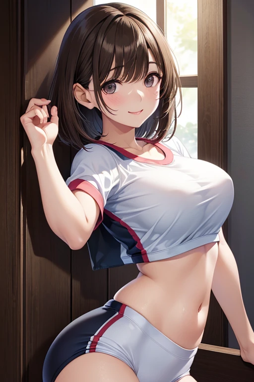very cute and beautiful girl,(highly detailed beautiful face and eyes),(smile:1.2),shy,blush,looking at viewer, (japanese ladies gym uniform),(blue bloomers),standing,arms behind back,detailed legs, locker room in training gym,black hair,hair band, (best quality,masterpiece),absurdres,highres,ultra-detailed,extremely detailed,32k,8k resolution, intricate details,cinematic scene,detailed background,solo,dynamic angle,