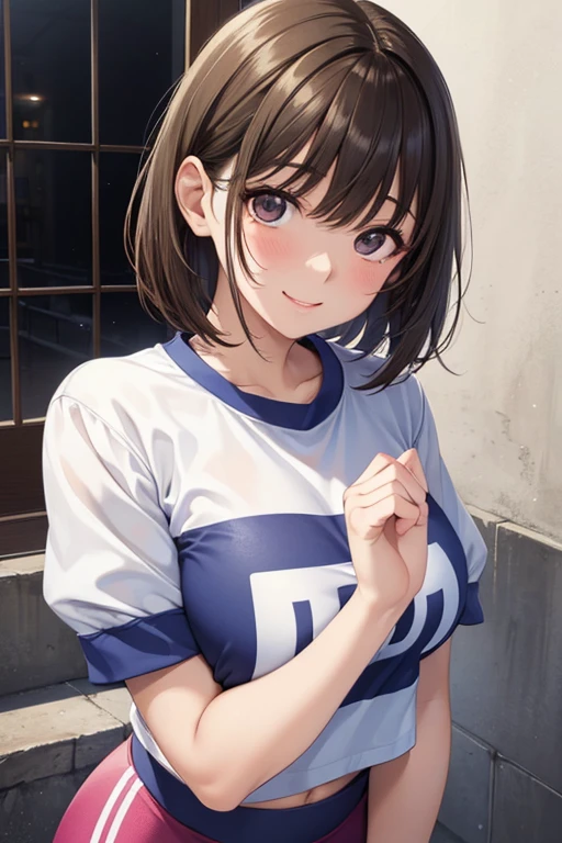 (masterpiece:1.2, top-quality), (realistic, photorealistic:1.4), beautiful illustration, (natural side lighting, movie lighting),
looking at viewer, upper body, (front view), 1 girl, japanese, 16 years old, perfect face, cute and symmetrical face, shiny skin, babyface,
(short hair:1.2, bob cut:1.2, light brown hair), gold eyes, (large breasts:0.6, seductive thighs),
beautiful hair, beautiful face, beautiful detailed eyes, beautiful clavicle, beautiful body, beautiful chest, beautiful thigh, beautiful legs, beautiful fingers,
(blue sport uniform, blue buruma,),
(beautiful scenery), evening, sports hall, fist pump, (lovely smile, upper eyes),