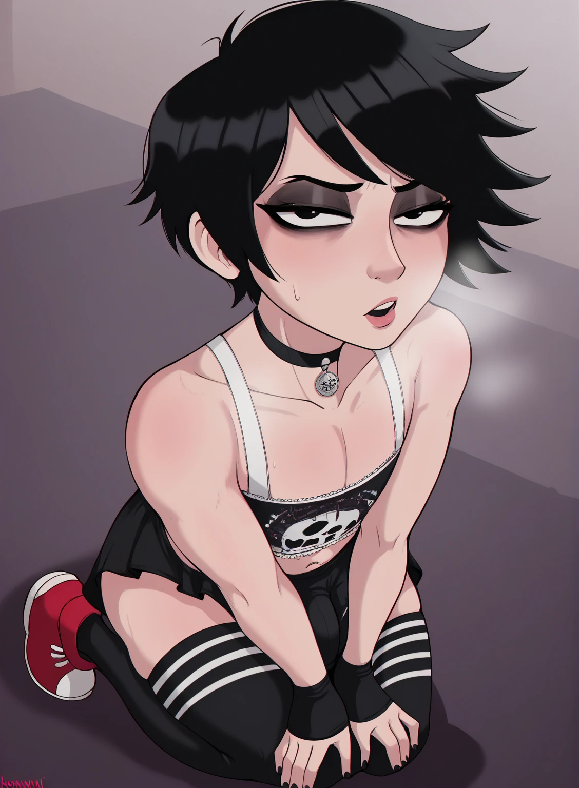 Femboy thick thighs and big ass, goth femboy, down on my knees, kissing cock, cum on face,black lipstick, blush, coupons on cock, cum in mouth, Marca de besos con black lipstick en polla, pubic hair