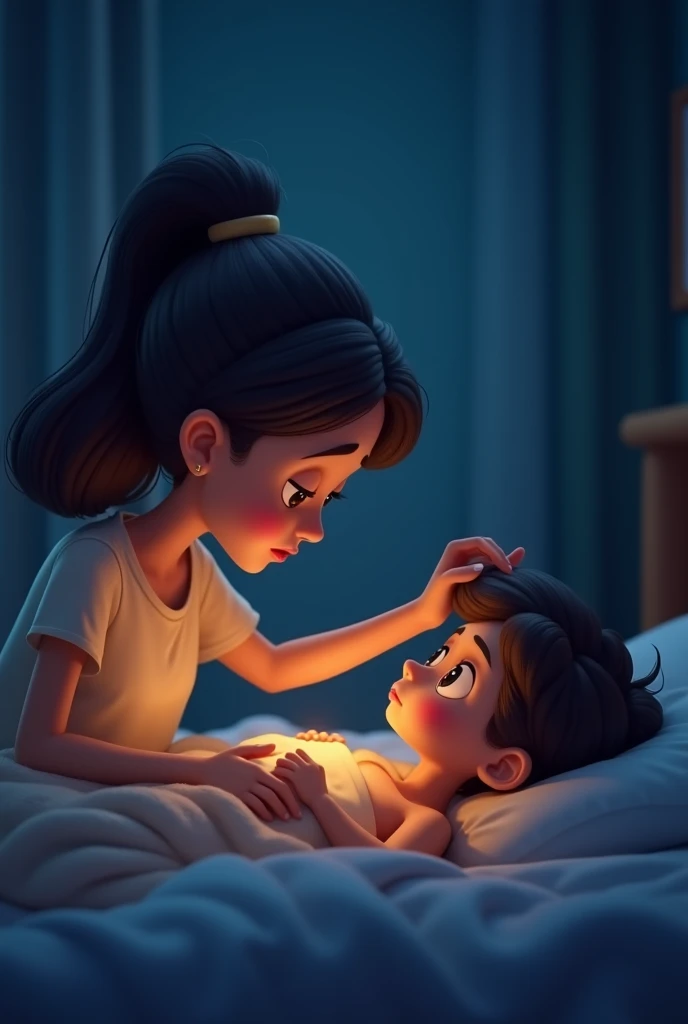 Generate in cinematic 3d cartoon style The worried mother kneeling beside the bed, her hands clasped in prayer, tears in her eyes 