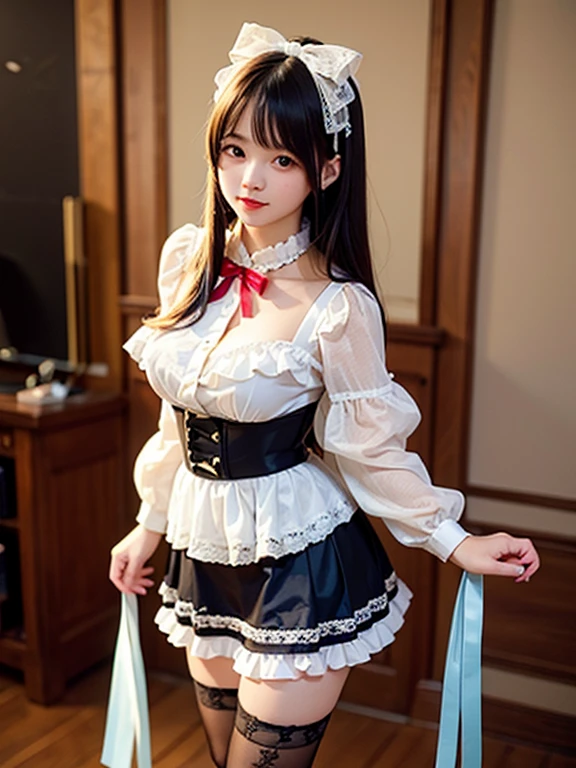 Laughter、Ultra mini skirt、Idol、White panty waist piece, Highest quality, One Girl, (beautiful girl:1.3), (16 years old:1.2), A very precise definition, (Symmetrical eyes:1.3), (Maid clothes, (Moe see-through costume:1.3), Beautiful breasts, Brown eyes, Parted bangs, Brown Hair
