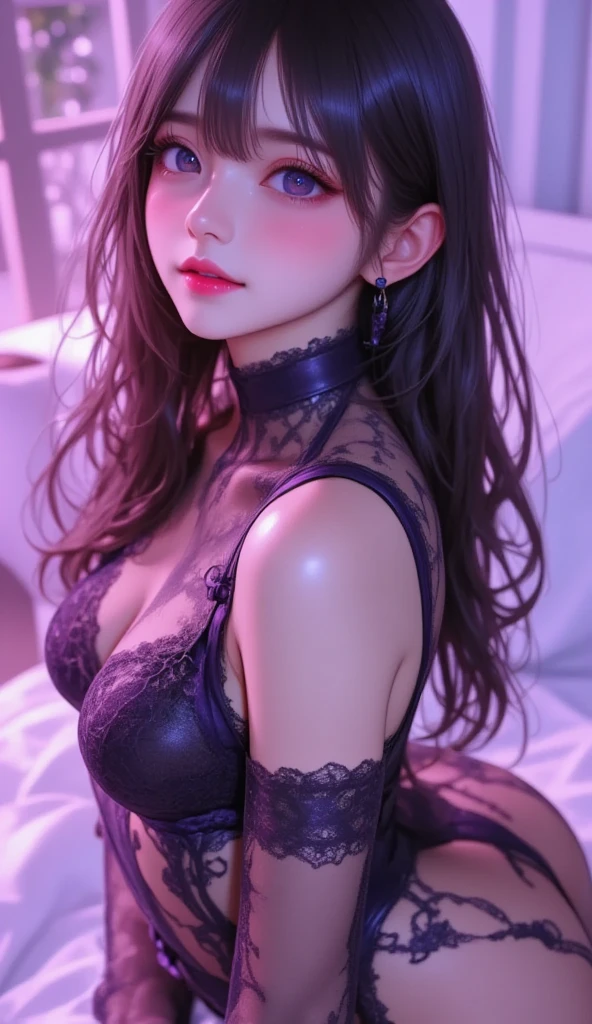 a teenage girl in a dark purple leotard, bountiful breasts, face detailed, beautiful eyes and lips, long eyelashes, lying in the bed, Teen Titans Go art style, cinematic lighting, hyper detailled, 8k, photorrealistic, details Intricate, temperamental atmosphere, dramatic shadows