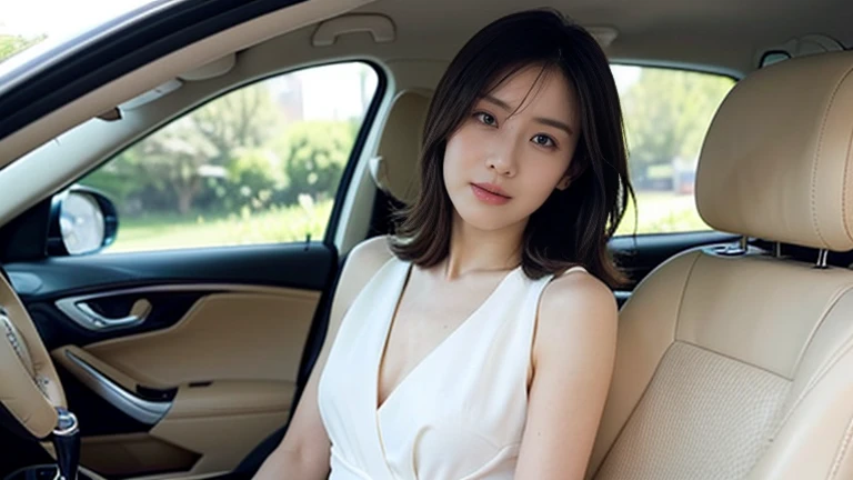 Highest quality, realistic, (high resolution: 1.3), (perfect anatomy) high resolution, comprehensive movie, 8K, shot by Canon, (perfect body woman: 1.4), ((full body, white dress, highlighting body lines, looking back pose))), highly detailed face and eyes, random long hair, (dark brown hair: 1.2), (with bangs) age 20, large breasts, (sitting in the passenger seat of a luxury car), ((smiling)), random glamour pose