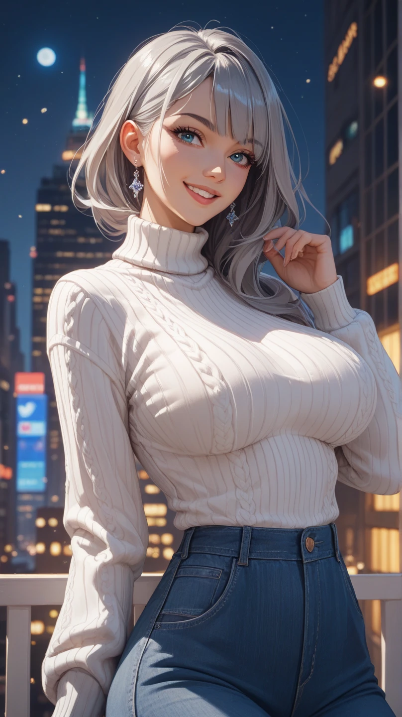 (Masterpiece: 1.5, best quality, high resolution: 1.3, super resolution, super detailed, ultra detailed: 1.3, rich background: 1.2, 1 woman)) pale skin + blond hair + long curly hair + Hair covering her left eye + brown eyes + long eyelashes + chubby body + big chest + wide hips + freckles on cheeks, breasts and shoulders (tank shirt, wide pants, sagging jacket showing shoulders, two necklaces, simple short necklace, long necklace with an emblem) ((smiles, holds a teddy bear, festival background, warm lantern lights)) (colors for clothing and accessories: silver, black, white, cream, red, light blue)