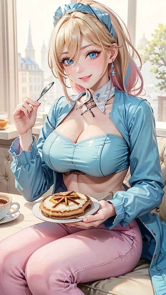 1 girl, a woman with tattoo, ((pink haired, bangs)), long hair, wearing a black apron (apron:1.2), cooking, cute smile, look at viewer, kitchen, cake and pie on background, indoors, (soothing tones:1.0), (hdr:1.25), (artstation:1.2), dramatic, (scenery:1.4), (intricate details:1.14), (hyperrealistic render:1.16), (filmic:0.55), (realism, realistic), (faded:1.3), (Gigantic breast:1.6), (better hands, better arm), breast grab, grabbing own breasts
