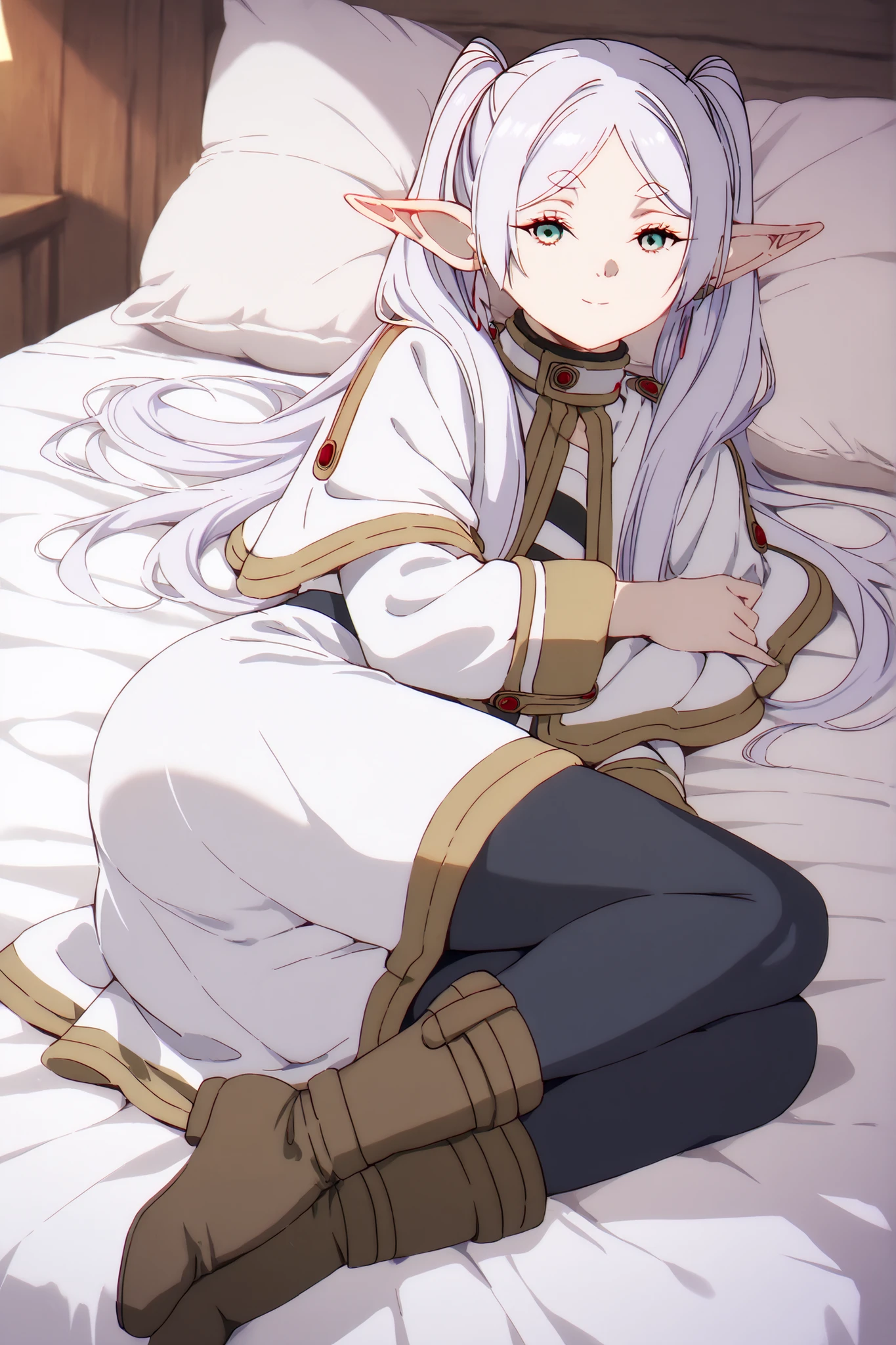 Quality_masterpiece, Anatomically correct, Beautiful face, Perfect face, Highly detailed beautiful face and eyes, Attractive face, Detailed face, Delicate facial features, Detailed skin, An elf, Frieren, long hair, white hair, green eyes, Seductive smile, Fully clothed, Looking at viewer, Lying on the bed, Full body