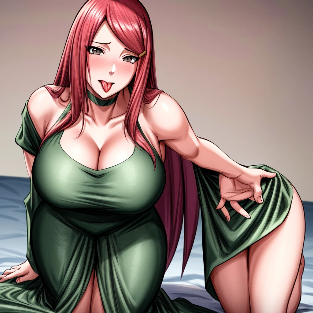 uzumaki_kushina, large_breasts, standing, solo, kushina_green_dress, masterpiece,navel, cleavage butthole, obscene image,best quality, detailed face, detailed eyes, highres, smile, (masterpiece:1.4, best quality:1.2), (Highres), (Detailed Illustration), Ultra-Detailed, konohagakure, uzumaki_kushina, kushina_green_dress, standing straight, looking in front,