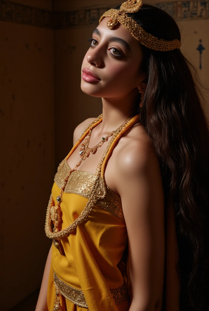  egyption queen, elegant egyptian queen portrait, ornate headdress, regal expression, piercing eyes, golden jewelry, luxurious draping, dramatic lighting, ancient egyptian temple background, intricate hieroglyphics, 8k, high resolution, photorealistic, cinematic, dramatic