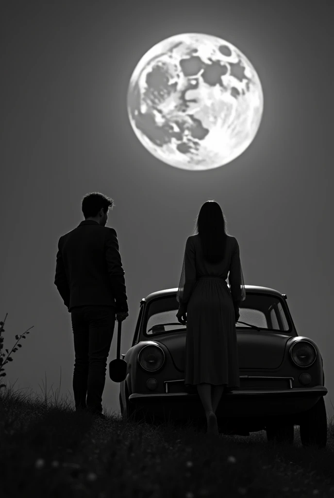 A couple hugging and walking on a road under the moonlight dark black and white theme