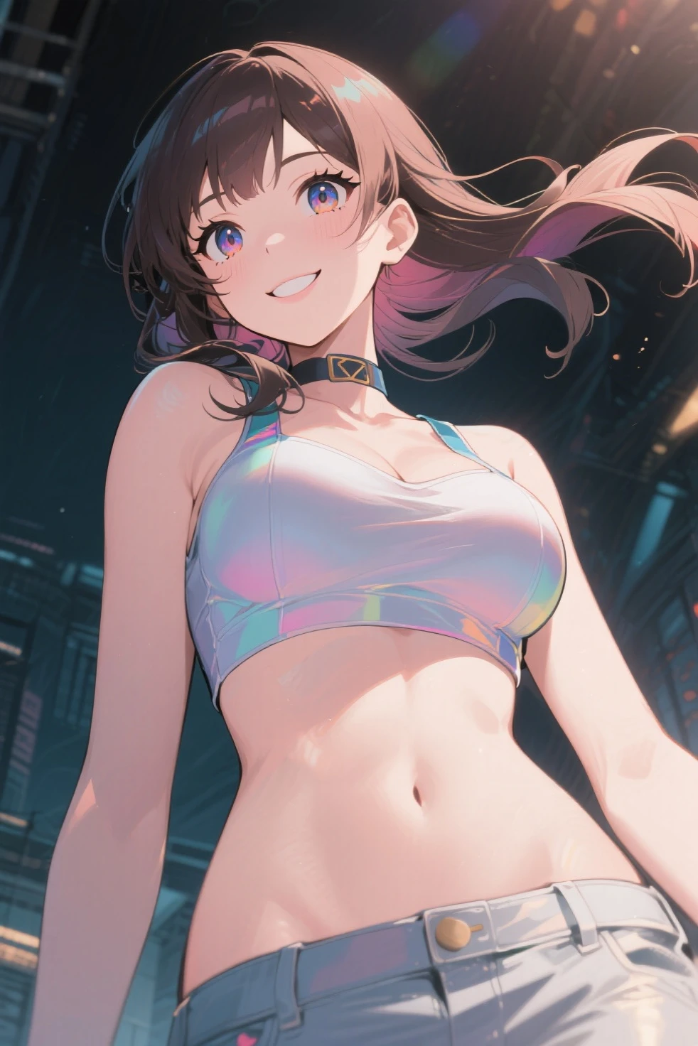 baby face, (short brown fluorescence hair:1.5,ponytail hair:1.5), (masterpiece, sidelights, exquisite beautiful eyes: 1.5), masterpiece*portrait,(cute face),front view: 1.6、 (glowing green eyes:1.2),plump face:1.5,(tareme:1.5)、(seductive smile:1.2),Rosy Mouth,Slim Body,abs, shiny hair, visible belly, shiny skin: 1.5、medium breasts,cleavage、solo,,(stand)、(white tank-top and black skirt)、(charactor focus:1.5、portlate、upper body),stage,