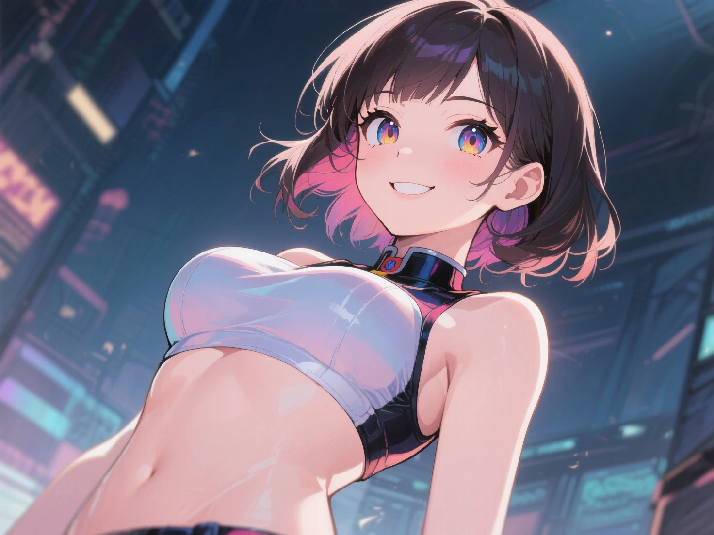 ((Masterpiece)), ((best quality)), (Anime:1.3), (super detail:1.2),(High Definition:1.3), (Professional Photography:1.2), ((12 years old)), 1girl, cute teenage girl, (innocent smile), open mouth, (Place hands on hips), beautiful Slender body, small breast, (silky black Hair), thick braid, cute eyes, cute navel, (Cyberpunk tanktop), coin belt, BREAK, ((best quality)), Light particles, (Neon Lights), ((in the cyberpunk gate)), vapor trail, (Beautiful Arid Zone), (sharp focus), (perfect light),