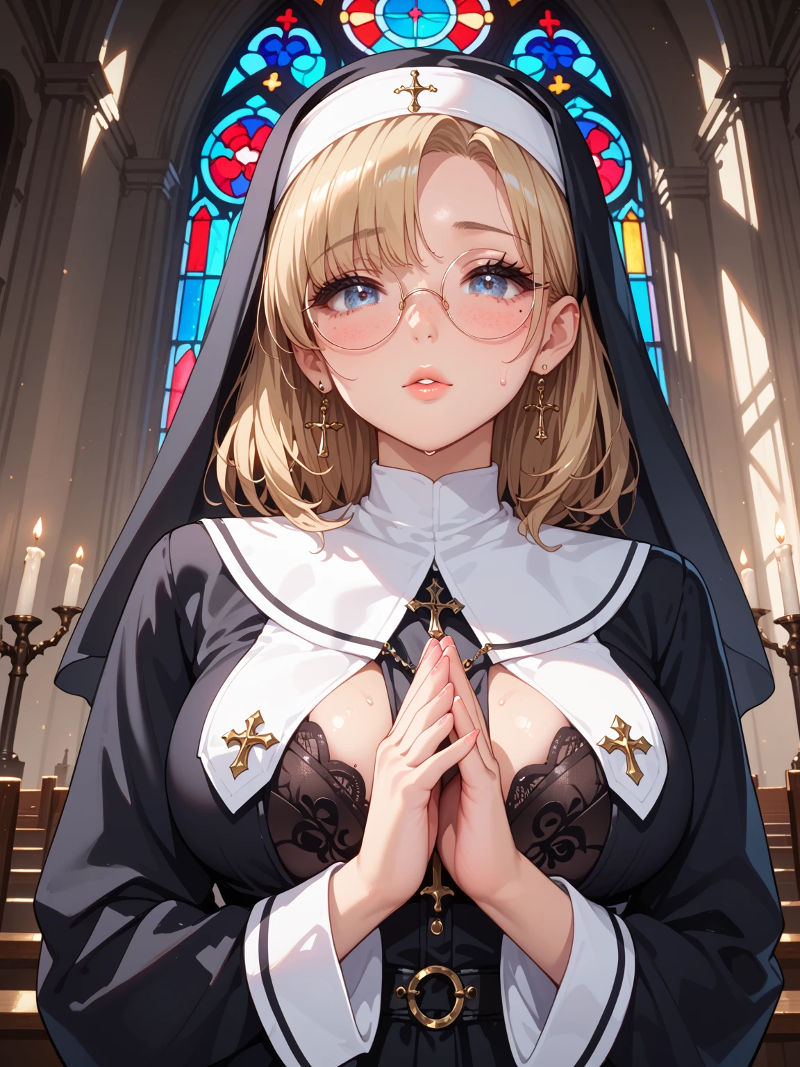 ((Highest quality)), ((masterpiece)), (detailed), A stern but serious Japanese boy with glasses is transformed by God into a big-breasted nun who falls in love with and kisses a middle-aged priest.