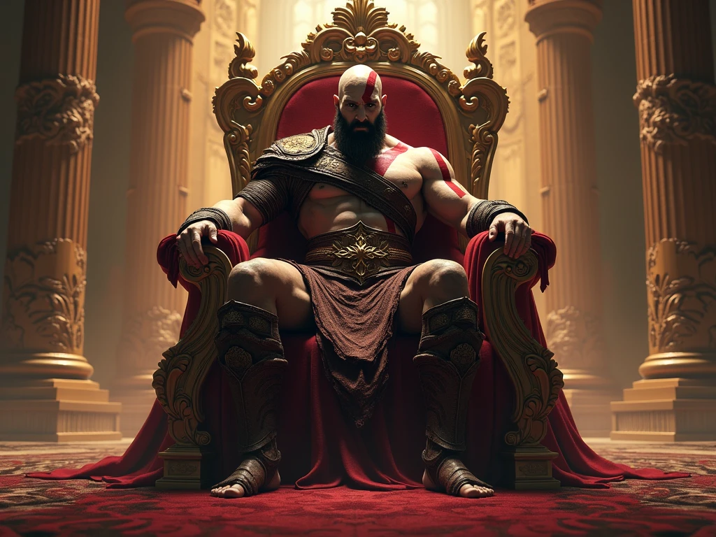 Kratos has become the Elden Lord and sits on the throne.