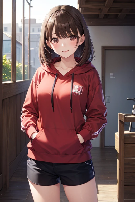 anegasaki nene、Shiny brown hair, short hair, Beautiful brown eyes、smile、Sparkling eyes, (Fine grain)、Ultra-detailed eyes、Highly detailed face, Highly detailed eyes,
(high quality, High resolution, Fine details), masterpiece, 最high quality, 8k wallpaper,
1 Girl, alone, Fine and beautiful eyes, , chest, Looking at the audience, blush, Brown eyes, large chest,
Medium Hips, Baggy thighs, Red hoodie,BREAK 白いburuma