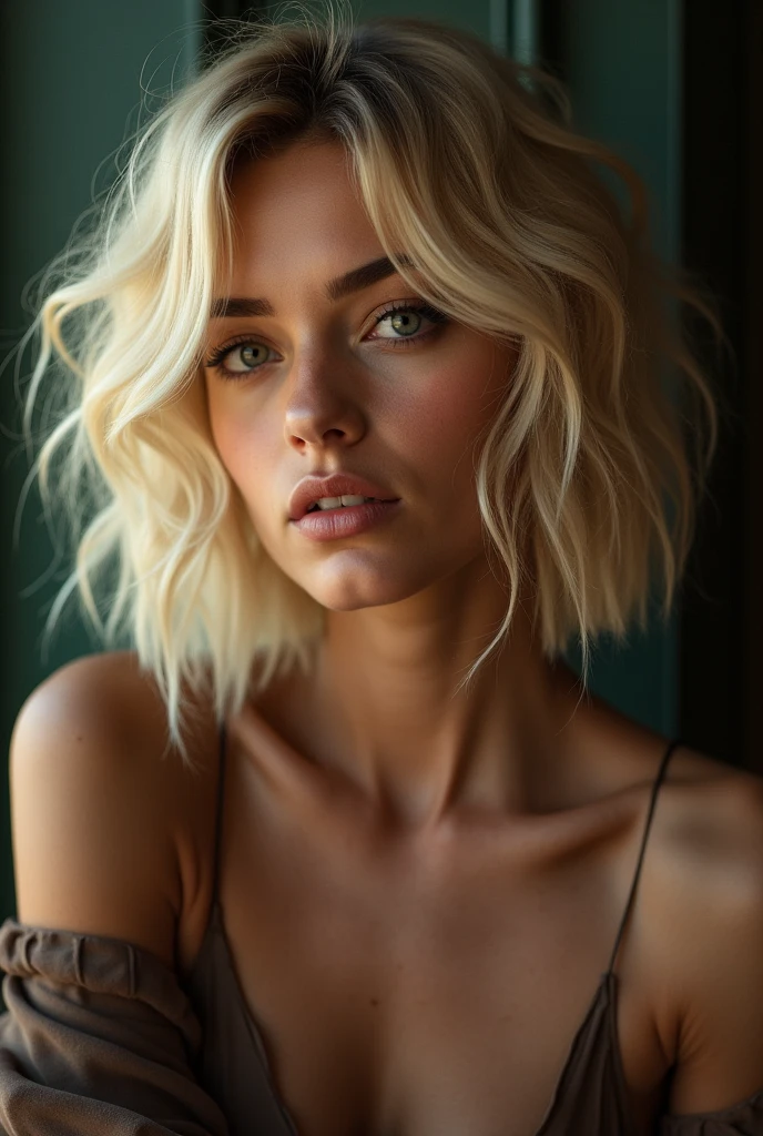 blond woman with short wavy hair, ((wearing black lingerie)), posing for a picture, blonde short wavy hair, short blonde hair, short blond hair, short blond hair, blonde and attractive features, blond bob haircut, a gorgeous blonde, medium short hair, short curly blonde haired girl, with short hair, a girl with blonde hair, short wavy blonde hair with bangs. ((Deep green eyes, extremely long eyelashes)). Kelly Von East.