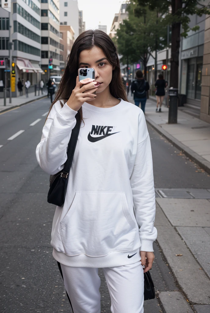 there is a young girl standing on a sidewalk with a skateboard, standing in road, distant full body view, standing in street, full body picture, standing in township street, taken with a canon dslr camera, candid picture, standing in a city street, candid photograph, standing in the street, wearing pants and a t-shirt, taken with sony alpha 9