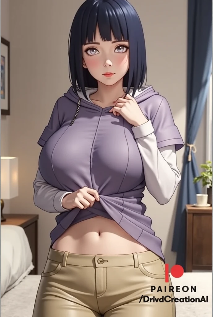 (best quality,4k,8k,highres,masterpiece:1.2),ultra-detailed,realistic,photorealistic:1.37,detailed eyes,beautiful detailed lips,pale.hinata hyuga wearing skintight hoodie, layered sleeve, perfect figure, attractive rounded breasts, naughty smile, puffy lips, posing in sunshine, outdoor , purple skin tight hoodie, skin tight brown pants, attractive cleavage showing, soft abs, laying on bed