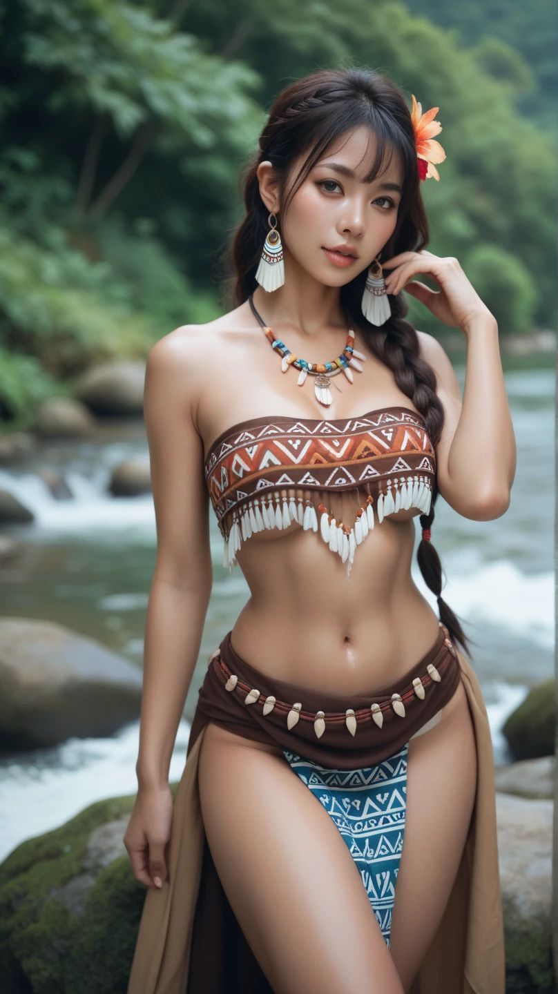 ((masterpiece)), ((best quality)), ((highretremely detailed)), a beautiful 19-year-old Native American woman (phoebe cates:jovovich:0.5), Pocahontas, full body shot, medium breasts, (super realistic), (peerless beauty), detailed skin texture, detailed cloth texture, beautiful detailed face, intricate details, ultra detailed, indigenous feather jewelry, feather headdress, traditional handmade green bra and dress, armed female hunter warrior, (((wild west))), bow and arrow, environment, smile, in the village, ((surrounded by people)), ((dance pose)) back to the camera, ultra realistic, concept art, elegant, ((intricate)), ((highly detailed)), depth of field, ((professionally color graded)), soft ambient lighting, dusk, (Best quality, A high resolution, Photorealistic, primitive, 8K,Masterpiece), filmgrain, bokeh:1.2, Lens flare, (vivd colour:1.2)
