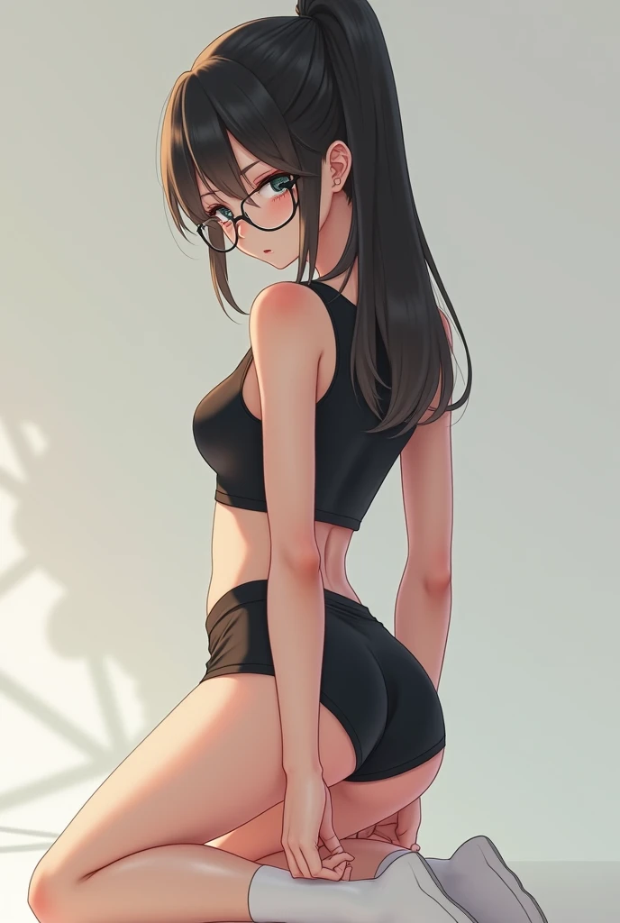 (1 femboy:1.5),(dark skin:1.5),(masterpiece:1.2), highest quality, High resolution, unity 8k wallpaper, (fine and beautiful eyes:1.6), highly detailed face, perfect lighting, Detailed CG, (perfect hands, perfect anatomy),20 years old, (black hair:1.3), detailed eyes, best quality, extremely detailed, very precise detailed, (glasses:1.4), , (straight hair:1.5), (evil smile:1.3) , (blush:1.3),(very short pixie cut:1.4),(blunt bangs:1.4), (greaming skin:1.3),(flat chest),(tank top:1.5),(open mouth),(bike shorts),(leaning_forward:1.4),(from side:1.4),looking_at_viewer,,(kneeling:1.4), 