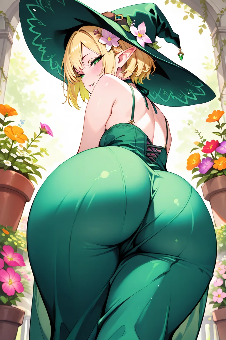 score_9, score_8_up, score_7_up, source_anime BREAK 1girl, solo, elegg, short hair, bangs, hair intakes, multicolored hair, hair over one eye, yellow sundress, from behind, ass, looking back, grin, smug, outdoors, dappled sunlight, sunlight, garden, purple eyes, thick thighs, smug, fang