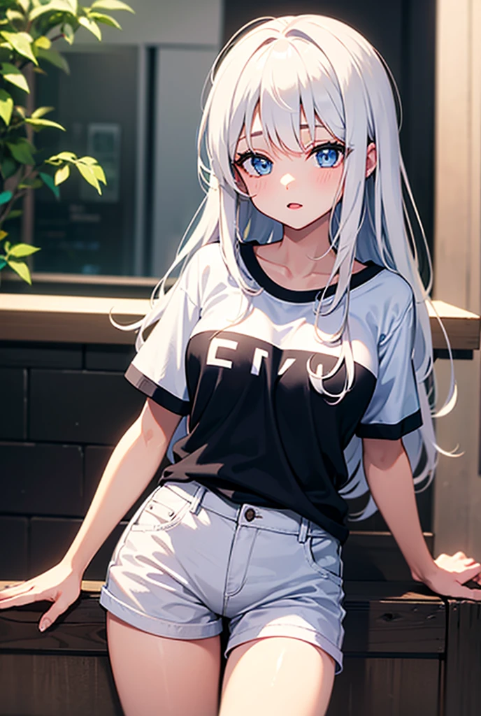 finest, obra maestra, high resolution, (Vista de cuerpo completo desde la cabeza hasta los pies.), Frente, Frente: Composition from slightly below, symmetrical, tall 20 year old girl, alone, (todo el cuerpo desde la cabeza hasta los pies), (senos medianos), (pelo color negro) ( pelo corto despeinado) , golpes, (top blanco que deja al descubierto su cintura), (shorts de mezclilla de cintura alta de color gris claro), (sentado con las piernas cruzadas), A very pretty and tall 18 year old girl., (top blanco que deja al descubierto su cintura), (shorts de mezclilla de cintura alta de color gris claro), sonriendo sin mostrar los dientes, ojos grandes, looking to the camera