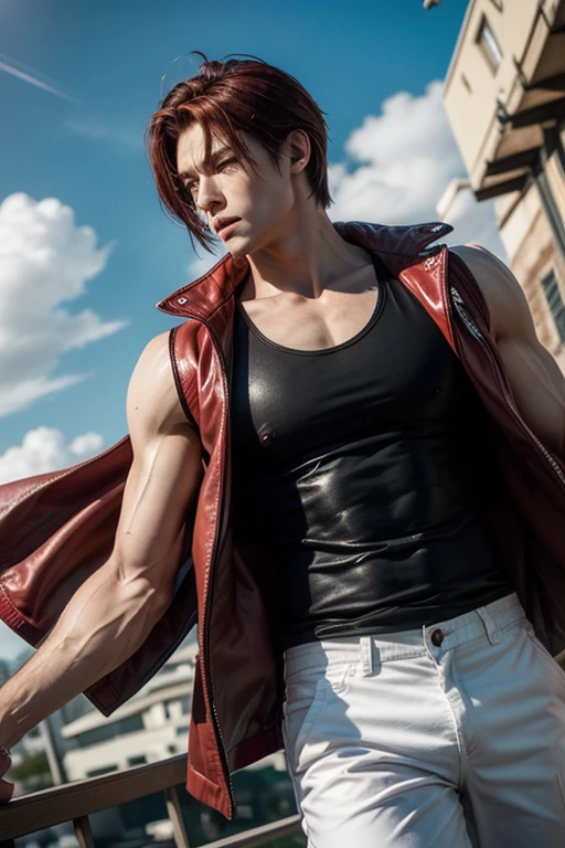 Concept ART ,human Male Adult ,Clear Skin ,Red eyewear , (((white short hair ))), wearing Bandage , Cool face ,Beard , ((blazblue game )) ,vest Torn Jacket ,Strong arms ,