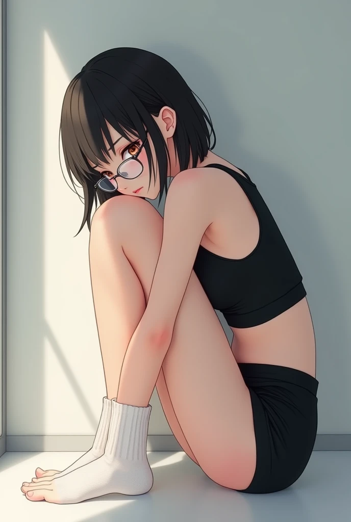 a woman in a short skirt and glasses is posing for a picture, a hyperrealistic , hyperrealistic , cutesexyrobutts, realistic , seductive anime girl, lit from behind, , bending over, ecchi, ecchi anime style, oppai, beautiful anime girl squatting, ecchi style, anime, anatomically correct, super detail, high quality, 4K