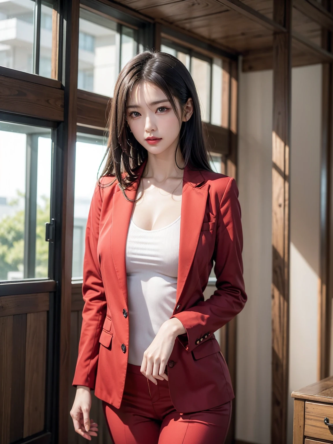 Create a beautiful executive woman dressed in red clothes black hair executive with a fixed gaze on what she wants 