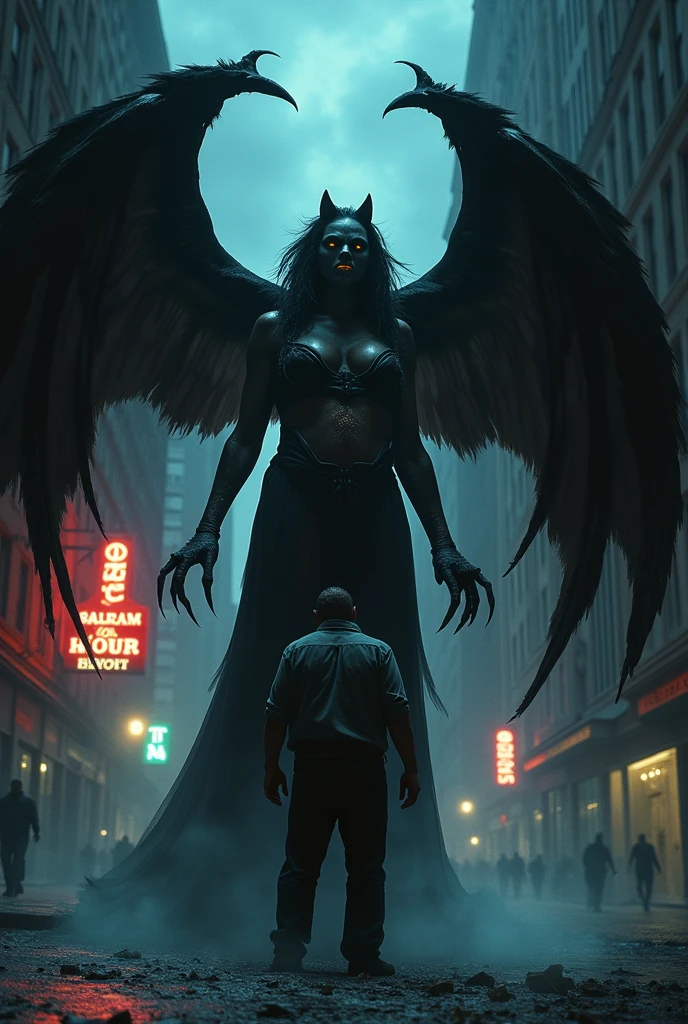 angel in short black clothes, demon horns, sitting on top of a sponge, legs spread open, tongue sticking out, in the middle of an avenue in a neon city at night