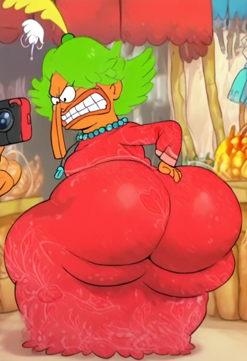 <lora:Endive:0.8> anatomically correct, masterpiece, best high quality, RAW Photo, perfect anatomy, 4k, quality lighting, detailed hands, detailed feet, detailed eyes, solo, obese, woman, orange skin, green hair, nude, long nose, big lips, thick thighs, big boobs, cellulite, big nipples, large areola, low angle <lora:BGV5EX:1> <lora:add_detail:1>