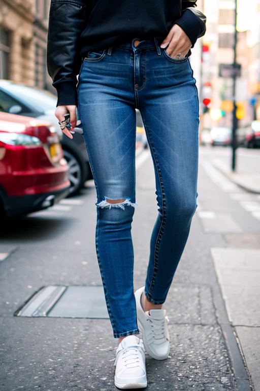 Woman in sneakers , feet, Skinny jeans、close
