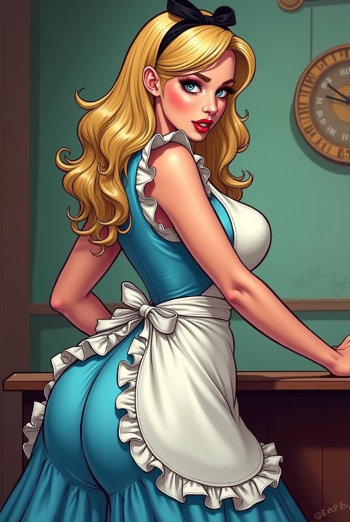 A pretty maid. best quality, masterpiece, gold blond hair, sky blue eyes, wearing a steriotypical French maid outfit, (headdress、white blouse、black ribbon、White Apron、ruffle skirt、puff sleeves、collar、choker、apron with fine ruffles:1.3)、black maid costume). looking up, upper body,hair strand,Fair skin, Large chest,. Adorable, mature Woman,detailed big-eyed woman, round face. promenent red lips. Smileing,In the mansion library, large ass, Picture from the side,looking at the scenes, intense colors, Very valuable details, complex details, volumetric lighting, digital art, 8k, trending on Artstation, Clear focus, complex details, highly detail, Greg Rutkowski Big Eyes, high-resolution, flaxen-gold-hair. Laura Vandervoortr., attractive chest, .Photorealistic. Confidence, self esteem, assertiveness, dominance. wide Amused smile. Sultry expression. , Cleavage. Perky bosum. Laura Vandervoort
